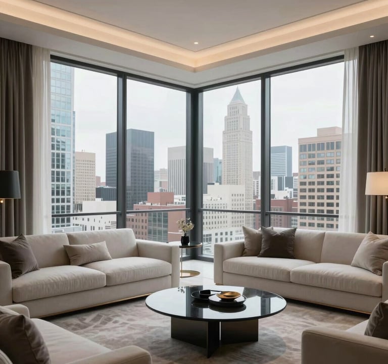 A modern luxury living room in a North American / US penthouse, featuring floor-to-ceiling windows with views of a strategic urban center. The aesthetic is clean and sophisticated with high-value finishes.
