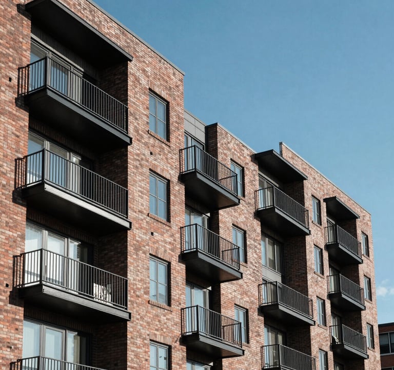 A detailed shot of a sleek North American / US urban residential development, showing modern brickwork and steel balconies under a clear blue sky. The composition is clean and emphasizes long-term value.