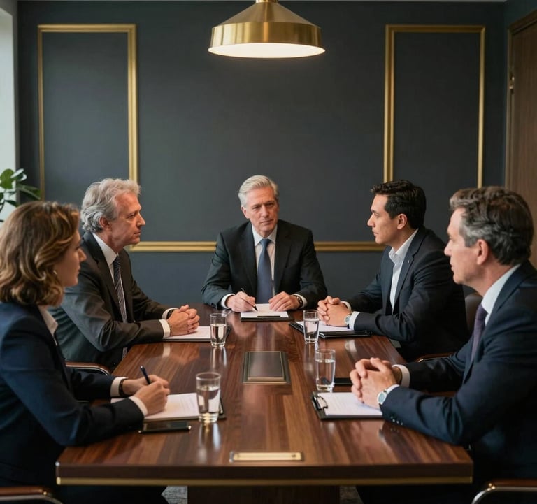 An interior shot of a sophisticated North American / US boardroom with deep charcoal and muted gold decor. Professional advisors are engaged in a strategic discussion around a polished table, conveying expertise and trust.