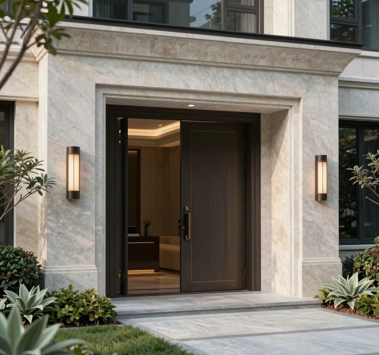 A close-up of a high-end modern residential property entrance in the US, featuring clean limestone textures and professional landscaping, captured in soft morning light with sage green foliage.