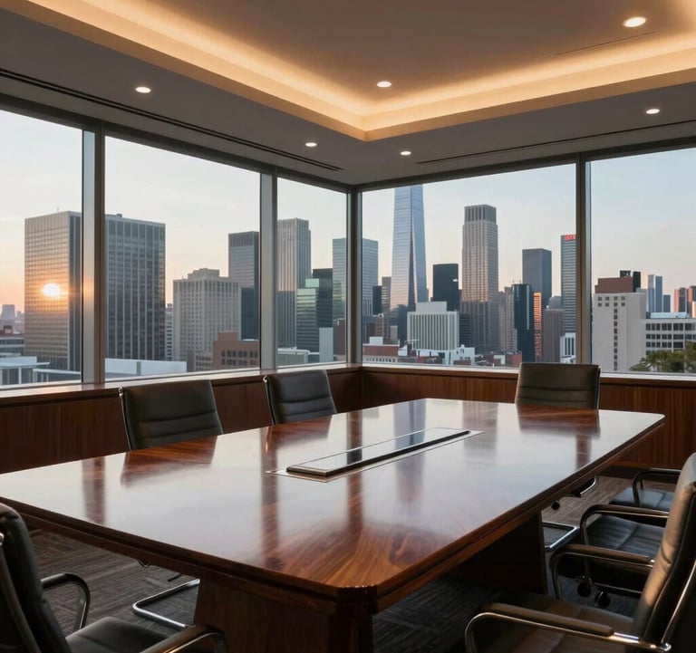 An interior shot of a sophisticated luxury boardroom in a North American corporate building, featuring a polished wooden table and panoramic views of a city skyline at golden hour.