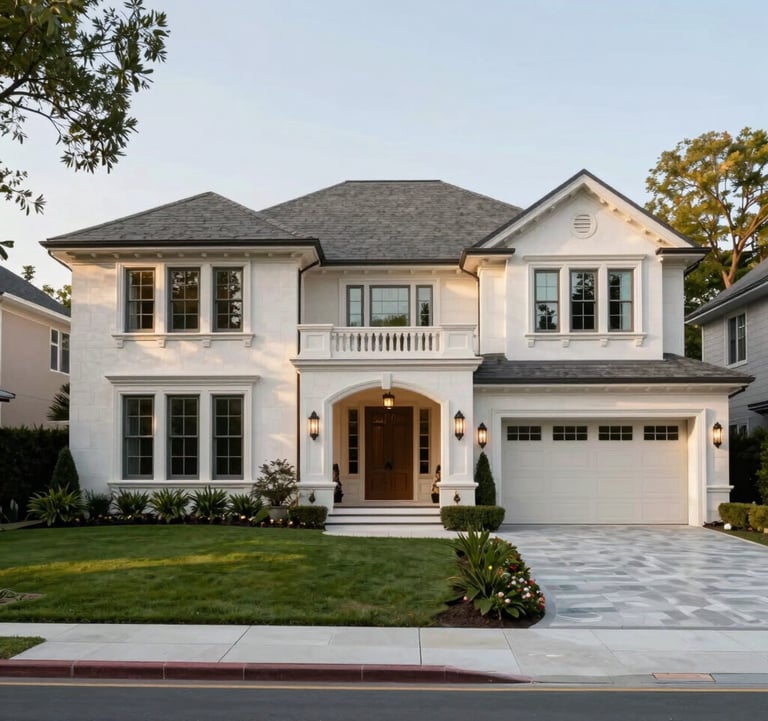 An elegant photograph of a luxury suburban estate in the United States with clean landscaping and classic American architecture, emphasizing sophisticated living.