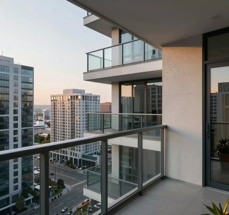 A clean photography shot of a contemporary luxury condo balcony overlooking a modern American city, captured in soft morning light.