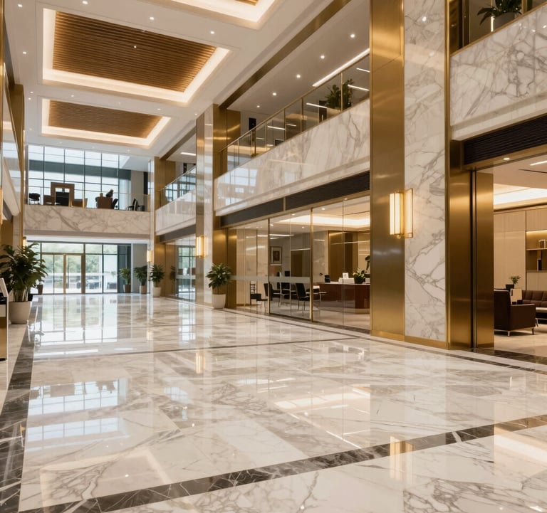 A sharp, clear photograph of a modern commercial lobby with high ceilings, marble floors, and gold accents, reflecting professional excellence.