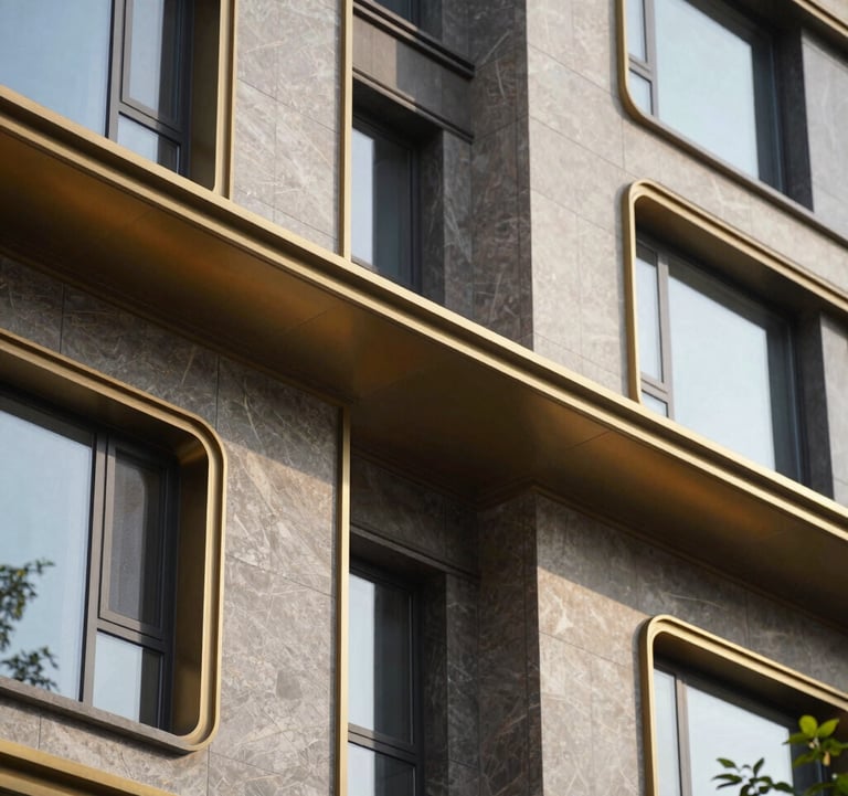 A close-up photograph of architectural detail on a modern upscale residential building in the United States, featuring gold metal accents and dark stone textures under bright daylight.