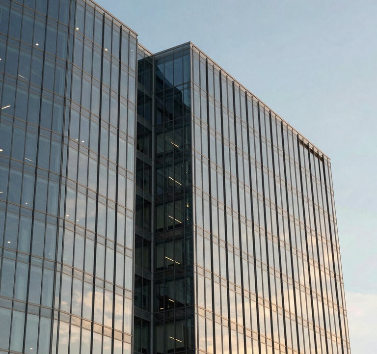 Clean architectural photograph of a sleek North American corporate office building with glass facades reflecting a pale blue sky and gold sunset tones.