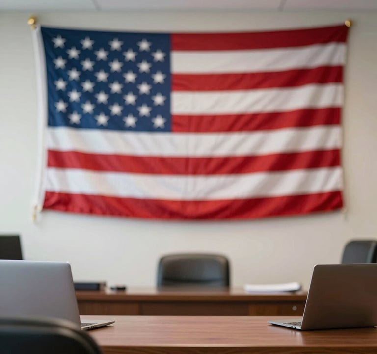 A bright, clean photograph of an American flag in the background of a modern, professional legal or consulting office, representing residency and visa opportunities through property.