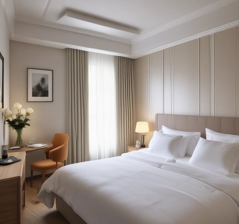 A sparkling clean hotel lobby with polished floors and fresh flowers on the reception desk.
