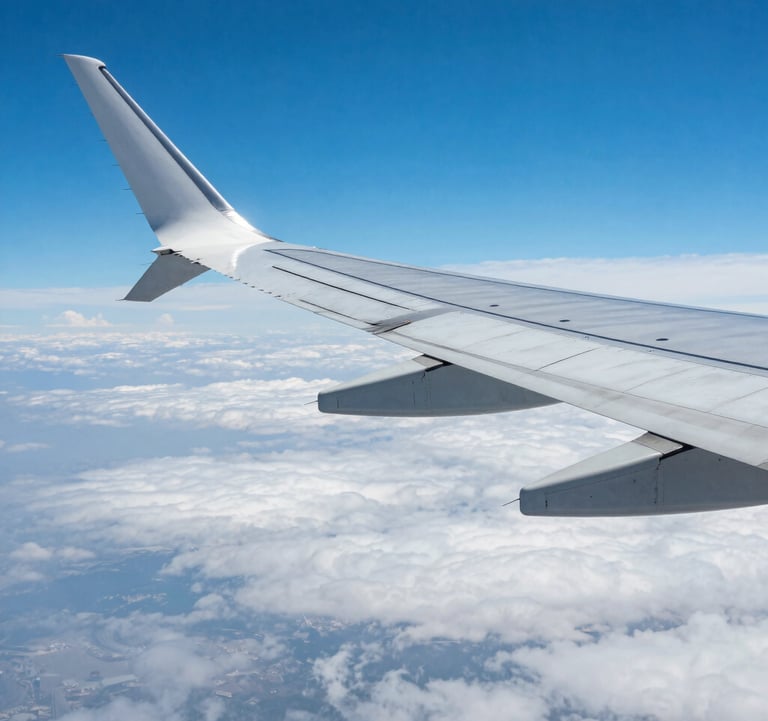 A close-up photograph of a luxury airplane wing flying above a sea of white clouds against a vibrant, clear blue sky. The image represents the excitement and freedom of international travel.