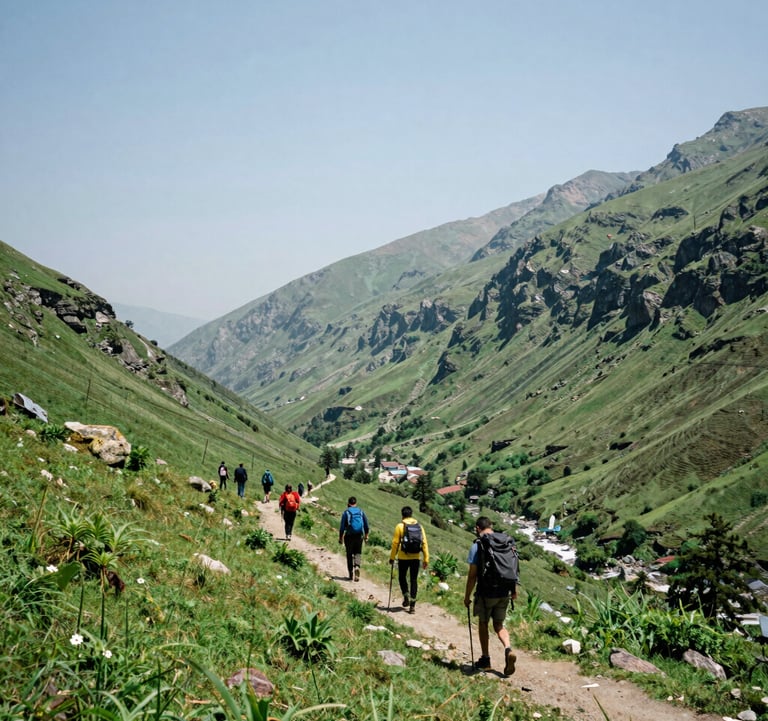 A bright outdoor photograph of a lush green mountain valley in South Asia / India, with hikers on a trail under a pale blue sky, crisp natural light.