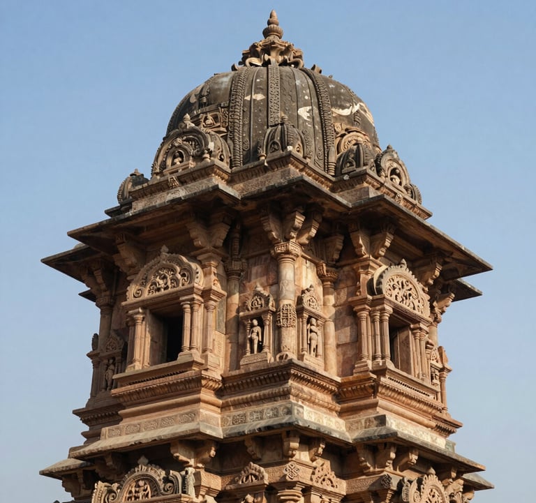 A professional shot focusing on the ornate stone carvings of a historical South Asian / Indian monument, medium blue sky in the background, sharp architectural details.