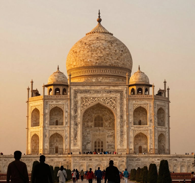 An iconic historical South Asian / Indian monument illuminated during a golden sunset, with silhouettes of travelers in the foreground, atmospheric composition.