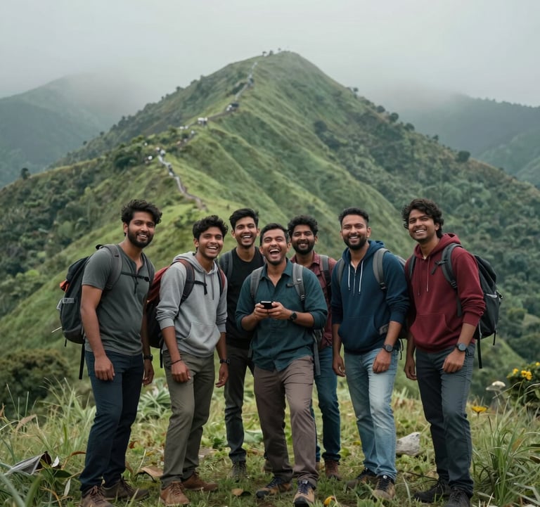 A group of South Asian / Indian friends enjoying a mountain trek, laughing and taking a photo against a backdrop of mist-covered green hills, cinematic travel photography.