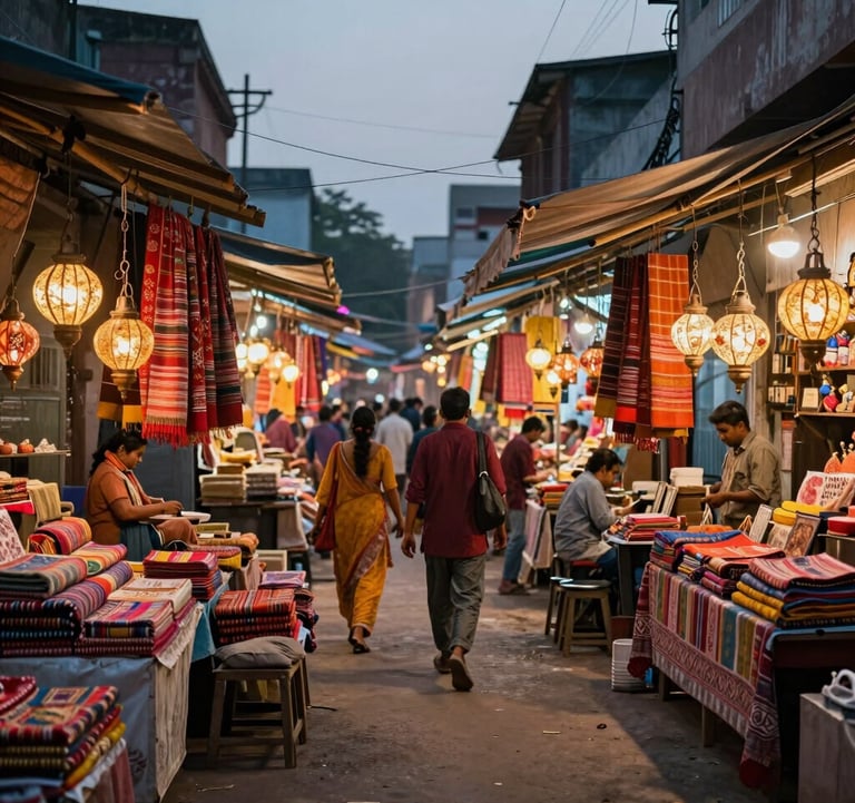 A bustling and colorful South Asian / Indian marketplace at dusk, vibrant textiles and warm glowing lanterns, capturing a sense of local culture and adventure.