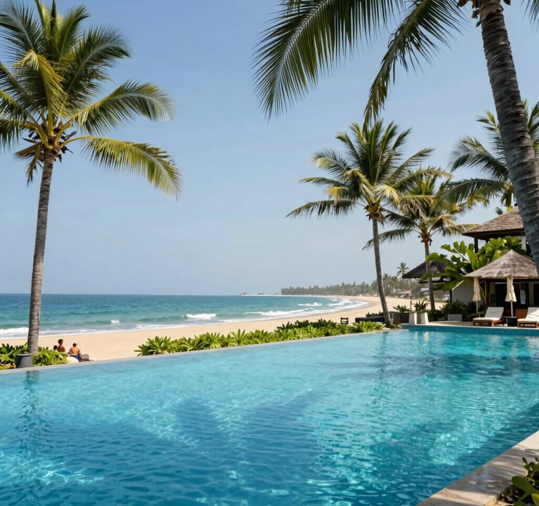A scenic view of a luxury holiday resort in South Asia / Indian coast with swaying palm trees and a turquoise infinity pool, vibrant sunny day, professional travel photography.