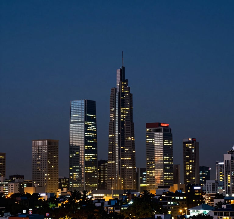 Cinematic photography of the Mumbai skyline at dusk, with city lights beginning to glow against a deep navy blue sky. The composition is professional and modern, highlighting the agency's local roots in Bandra East.