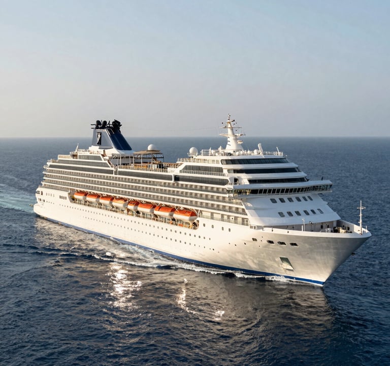 A luxury cruise ship sailing on the deep blue sea near a South Asian / Indian port city, white hull reflecting the bright sunlight, expansive horizon.