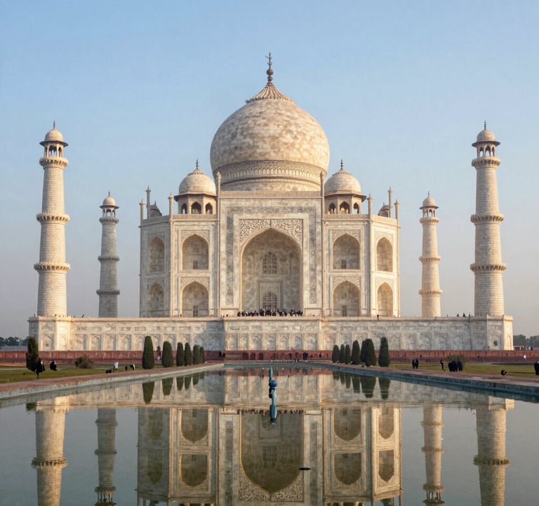 A breathtaking photograph of the Taj Mahal in Agra at sunrise, reflecting in the water. The image uses soft blue and white light to convey inspiration and the beauty of domestic travel in India.