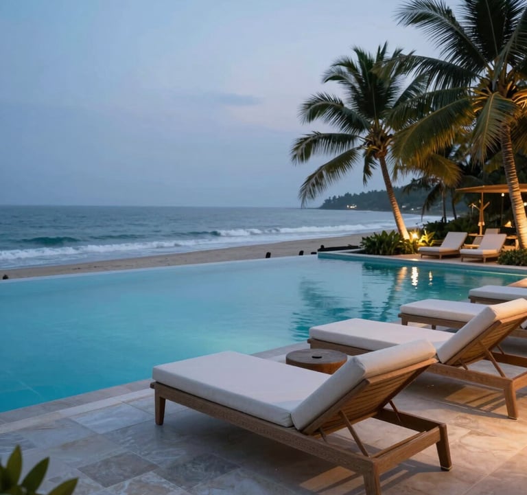 A luxurious infinity pool overlooking a tropical coastline in South Asia / India during the blue hour, elegant off-white lounge chairs, soft ambient lighting.