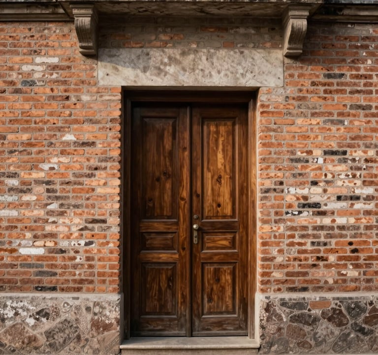 Elegant traditional house entrance with brick walls and wooden door in Capitán Bermúdez, professional architectural photography.