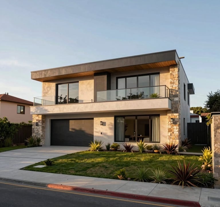 A luxury two-story house in a quiet neighborhood of Granadero Baigorria. Modern architecture with stone details and a large front garden under a clear South American afternoon sky. Professional real estate photography.