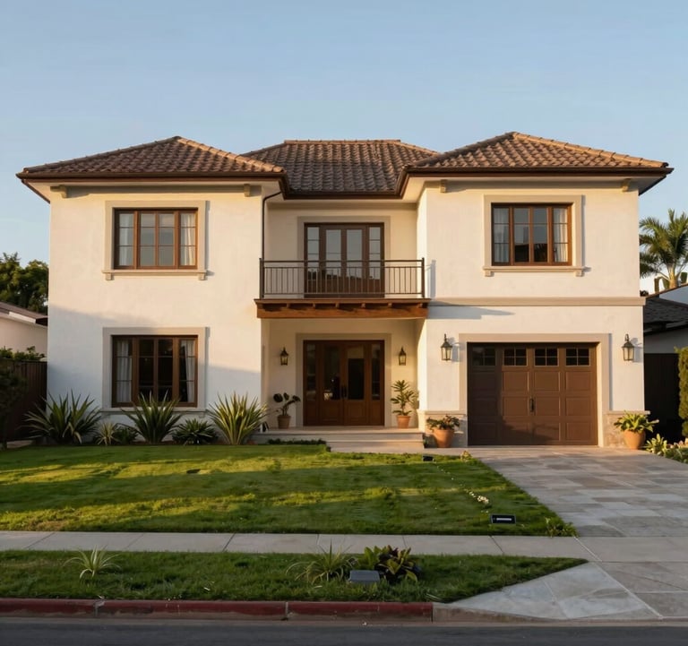 A beautiful residential house facade in Granadero Baigorria, South American style, featuring a manicured lawn and elegant architecture. The lighting is warm and clear, emphasizing a secure and inviting family home.