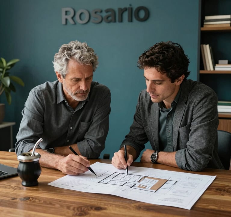 A photography shot of two colleagues discussing architectural plans over a wooden table in a stylish office in Rosario, Argentina. There is a South American atmosphere with a mate cup on the side. The colors include dark grey and teal accents.