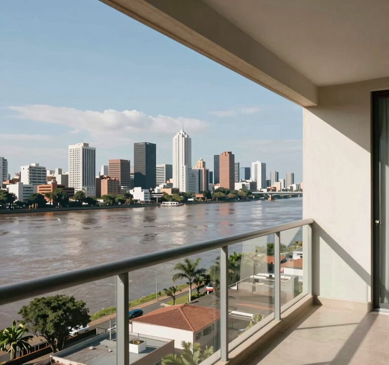 Modern apartment balcony view overlooking the Paraná River and the skyline of Rosario, Argentina, bright daylight.
