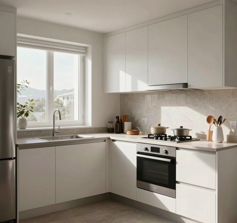 Interior of a modern kitchen in a Rosario apartment, high-quality finishes, natural morning light, clean and inviting atmosphere.