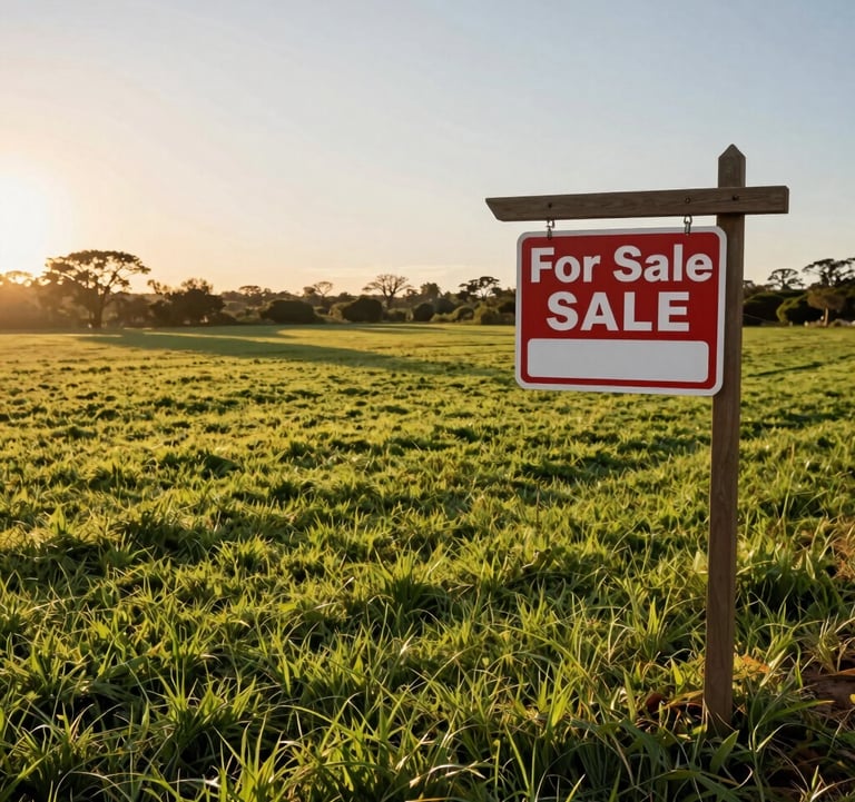 A beautiful landscape shot of a plot of land for sale in the outskirts of Rosario, Argentina, during the golden hour. The composition shows the potential for development with a professional 'For Sale' sign subtly placed. Colors are natural greens and warm sunlight.