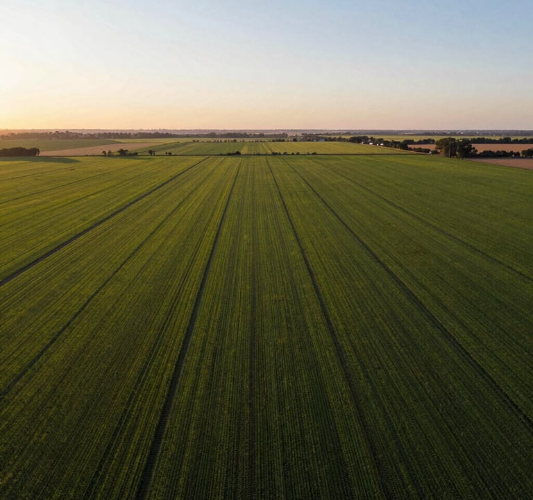 A wide aerial view of a green fertile field or development plot in the outskirts of Capitán Bermúdez, Argentina. Soft golden hour lighting highlighting the horizon and the potential for real estate investment.