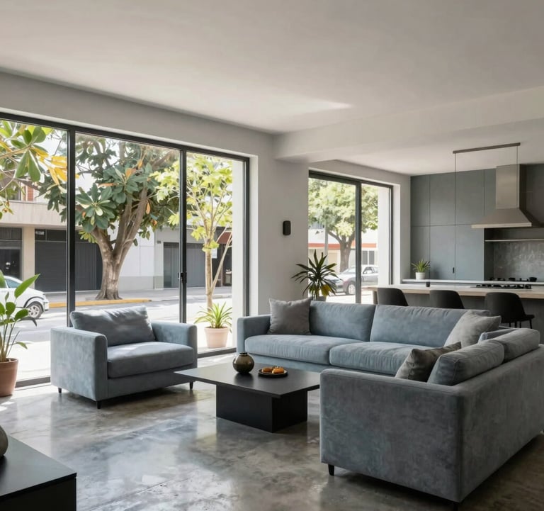 An interior shot of a sun-drenched modern apartment in Rosario, Argentina. High ceilings, polished concrete floors, and large windows overlooking a leafy street. The style is clean and sophisticated with neutral furniture in soft blue-grey and charcoal.