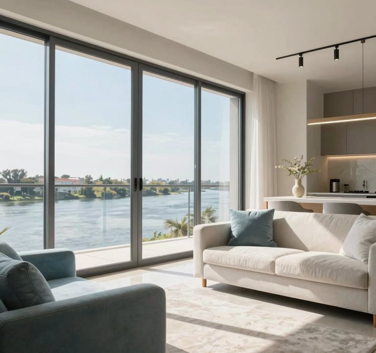 A modern, bright apartment interior in Rosario with floor-to-ceiling windows overlooking the Paraná river. Sophisticated furniture in light blue and off-white tones, reflecting professional real estate photography and a sense of inviting comfort.
