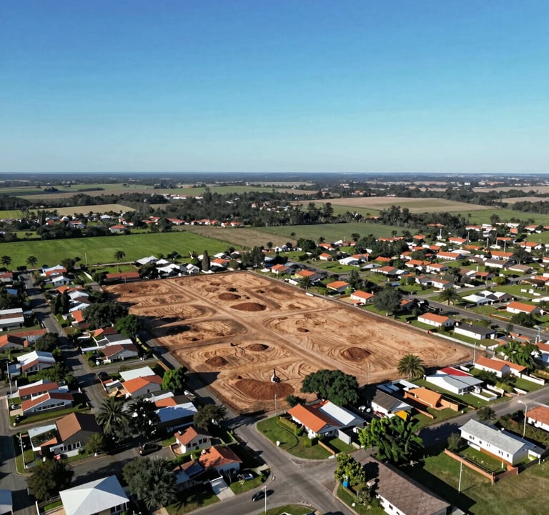 Aerial view of a suburban land plot ready for construction in Granadero Baigorria, Argentina, clear blue sky, green surroundings, professional drone photography.