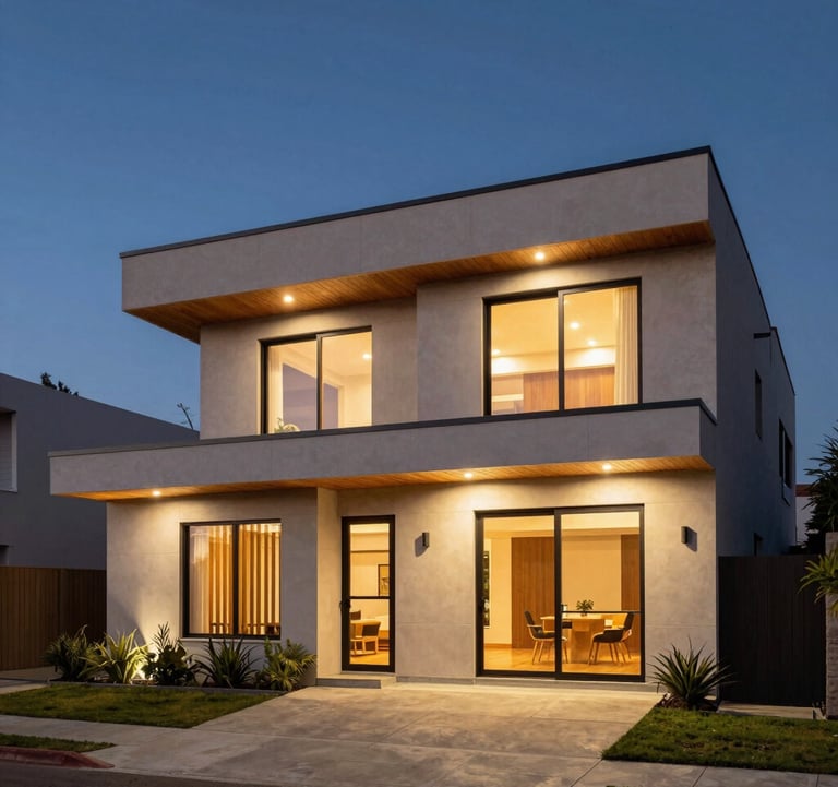 A high-quality real estate photo of a modern house facade at dusk in an Argentinian neighborhood. The exterior lighting is warm against a dark blue sky, highlighting the clean architecture and professional presentation.