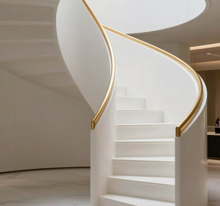 A close-up architectural photograph of a sleek, modern spiral staircase in a luxury home. The steps are pure pearl white, and the railing is a minimalist warm gold finish. Soft shadows and bright lighting emphasize the clean lines.