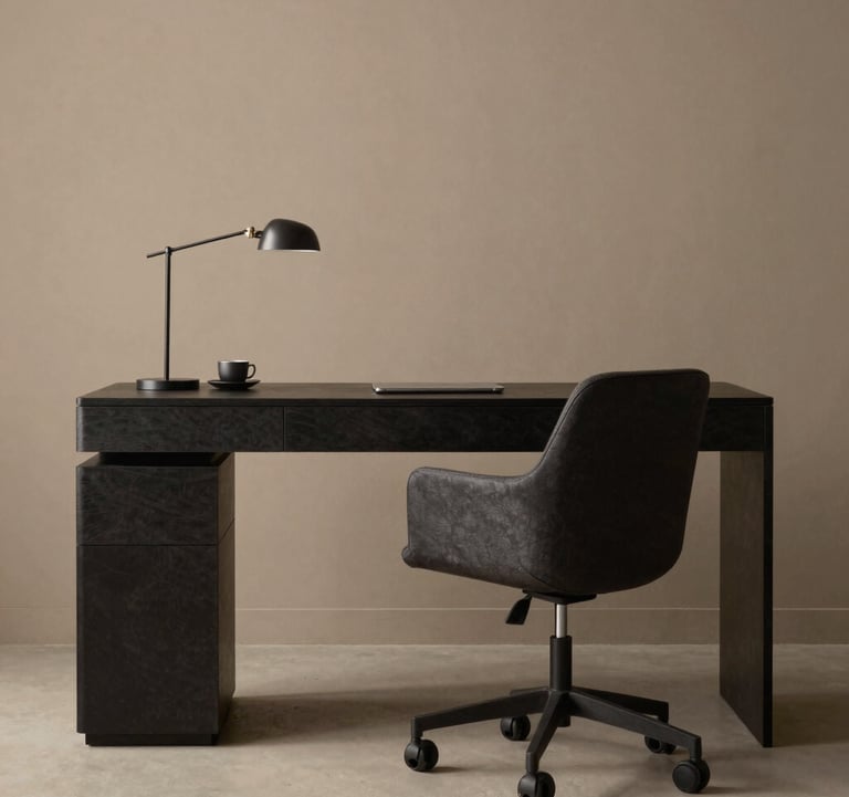 A stylish home office with a minimalist desk and a designer chair. The room is painted in a warm taupe beige with very dark charcoal accents.