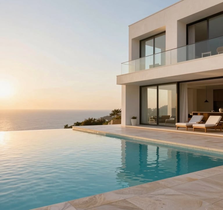 A breathtaking luxury villa with an infinity pool overlooking the horizon. Bright, clean architecture in white and muted sand beige tones, warm champagne gold sunset lighting.