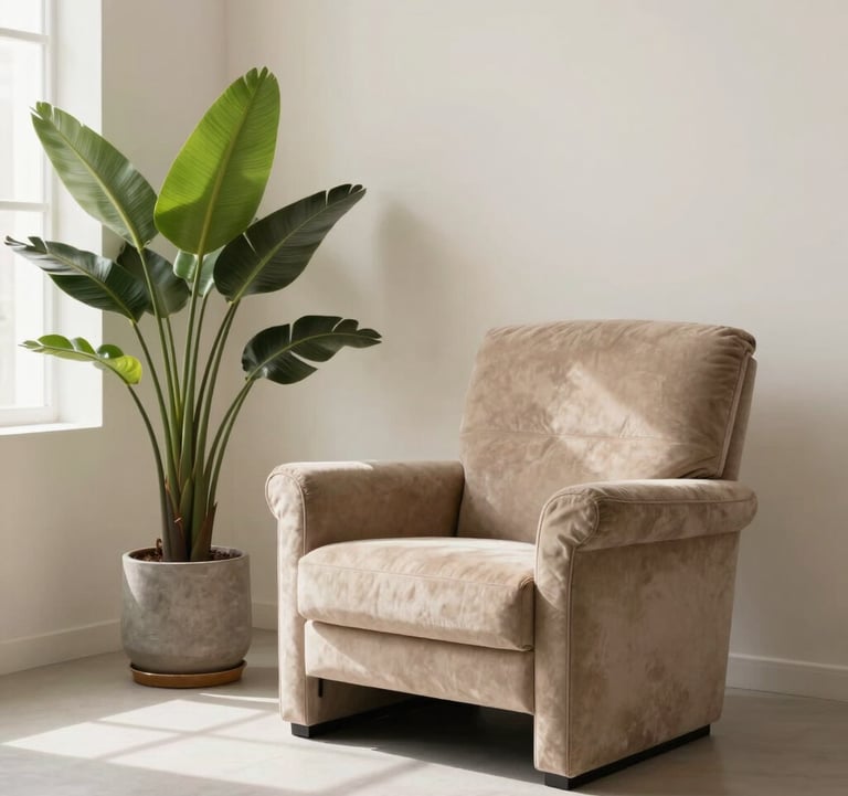 A bright living room corner with a designer armchair in warm taupe beige and a large potted plant. The walls are soft cream off-white.