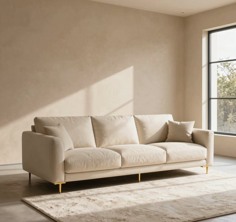 Interior shot of a bright, high-end living room with desert beige textured walls. A cream-colored minimalist sofa sits on a soft off-white rug. Gold decorative elements catch the afternoon sun streaming through large windows.