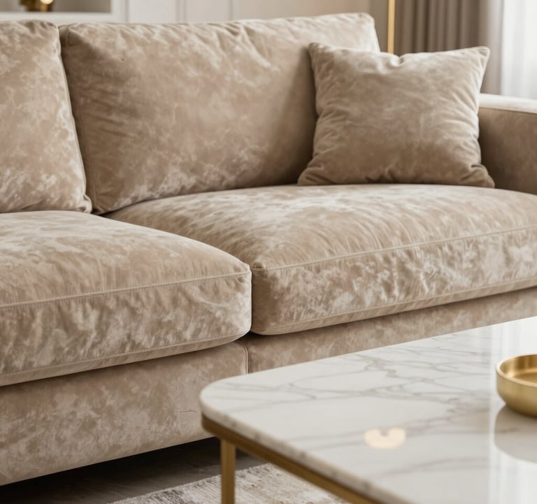 Close-up of an elegant living room interior featuring a sand beige velvet sofa, pearl white marble coffee table, and soft gold lighting fixtures. The atmosphere is calm, clean, and extremely luxurious.