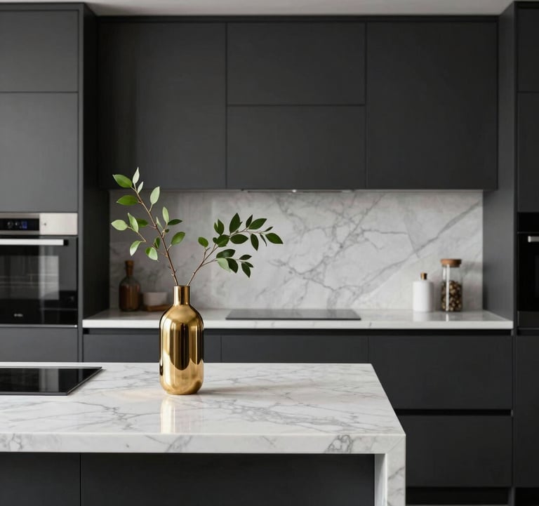 A minimalist, modern kitchen area with charcoal black cabinetry and pearl white marble countertops. A single gold vase with a green branch sits on the island, symbolizing clean and premium design.