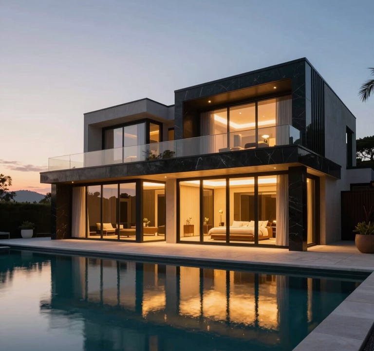 Exterior evening shot of a luxury villa's terrace. The building features deep onyx accents and large glass surfaces. A calm pool reflects the warm gold interior lights and the soft twilight sky.