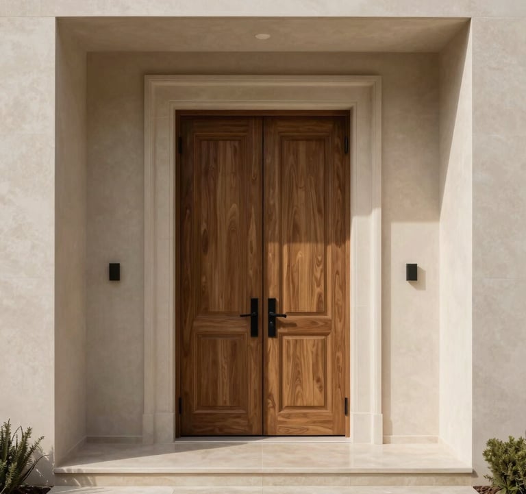 An elegant entryway of a luxury villa with a large wooden door and minimalist landscaping. Neutral tones of warm taupe beige and soft cream off-white predominate.