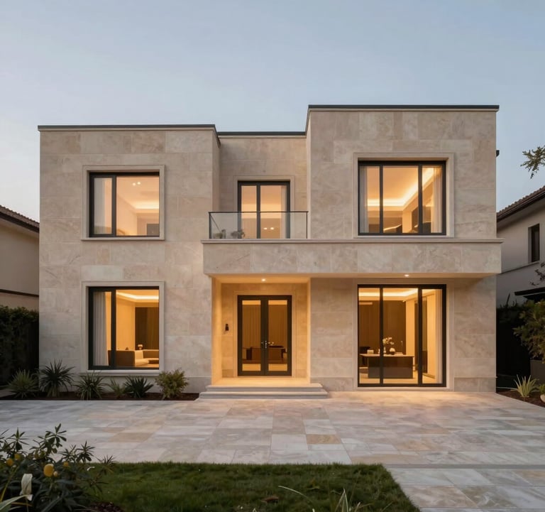 Luxury family house exterior at dusk, soft warm lighting from within, minimalist landscaping, muted sand beige stone facade, premium photography.