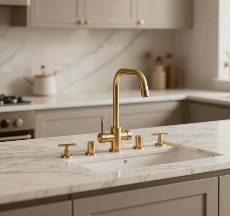 Close-up of a high-end kitchen with marble countertops and muted gold fixtures. The lighting is soft and natural, emphasizing the clean lines and premium materials. Palette includes soft cream off-white and warm taupe beige.
