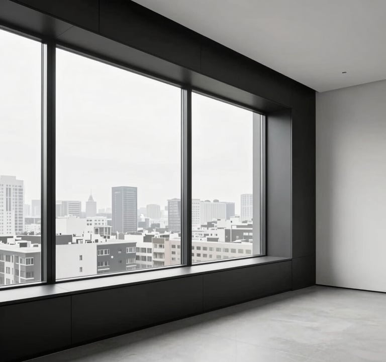 High-end minimalist apartment interior, large windows showing a cityscape, deep charcoal black accents and soft pearl white walls, elegant premium aesthetic.