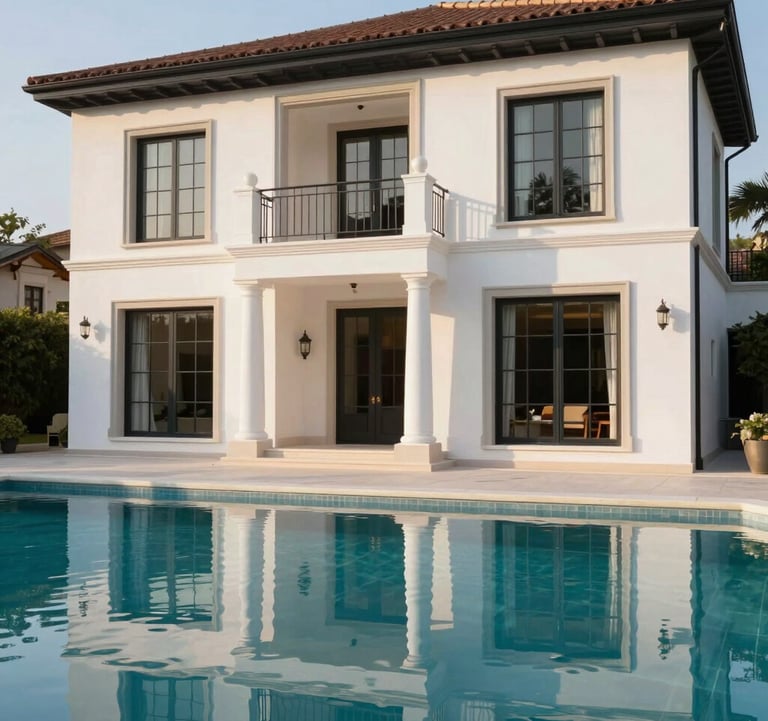 Exterior view of a luxury villa with a pearl white facade and charcoal black window frames. A crystal clear swimming pool in the foreground reflects the warm afternoon sun.
