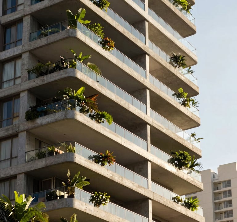 A close-up architectural photograph of a luxury high-rise balcony in a Brazilian metropolis. The sun shines brightly on sleek concrete and steel edges, with lush tropical greenery integrated into the building design. High-end, South American / Brazilian premium real estate vibe.