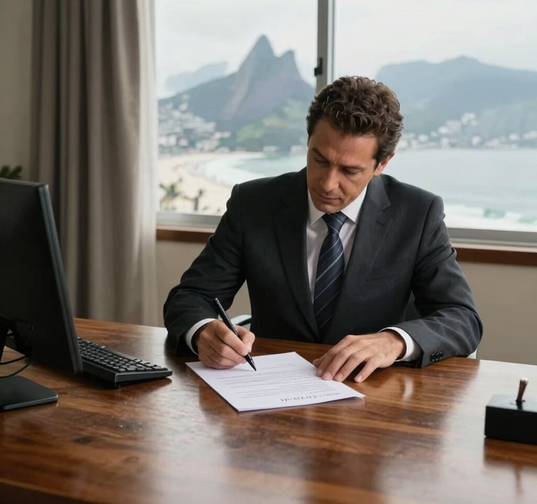 A sophisticated lifestyle scene in a South American / Brazilian setting. A person in professional attire is signing a document on a heavy wooden desk with a window view of the Ipanema coastline in the background. Natural morning light, elegant and trustworthy atmosphere.